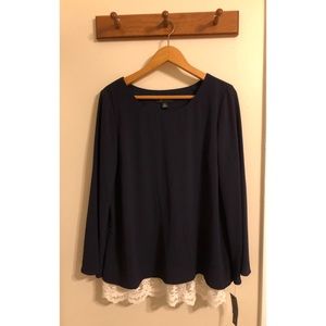 Blue AB Studio Blouse with white lace underlay